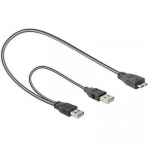 USB Y kábel, 2 x USB 3.0 dogó A – 1 x USB 3.0 mikró dugó B, 0,2 m, fekete