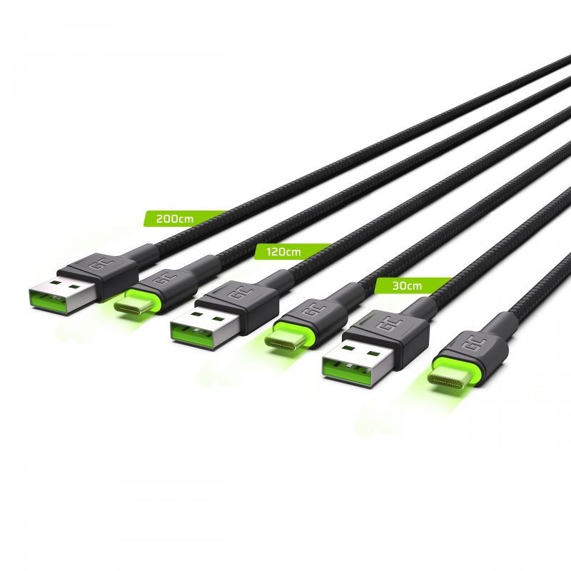 Green Cell GC Ray USB-A - USB-C adat és töltőkábel 3db 0.3m, 1.2m és 2m (KABGCSET01)