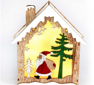IRIS Faház alakú Télapó mintás/18,5x21cm/meleg fehér LED-es fa fénydekoráció  (310-06)