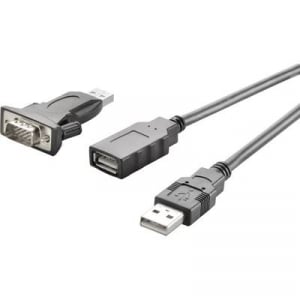 USB 2.0 - soros csatlakozó adapter kábel, 1x USB 2.0 dugó A - 1x D-SUB dugó, 9 pól., fekete, aranyozott, Renkforce