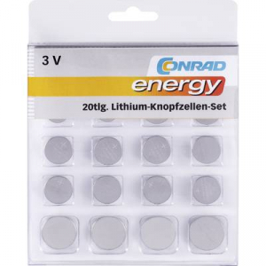 Lítium gombelem készlet, 20 db, Conrad Energy 2xCR1025/CR1620/CR1632/CR2016/CR2430/CR2450, 4xCR2025/CR2032