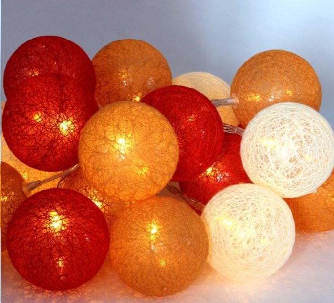 IRIS Gömb alakú 6cm/színes fonott/3m/piros-narancs-meleg fehér/20db LED-es/USB-s fénydekoráció  (104-26)