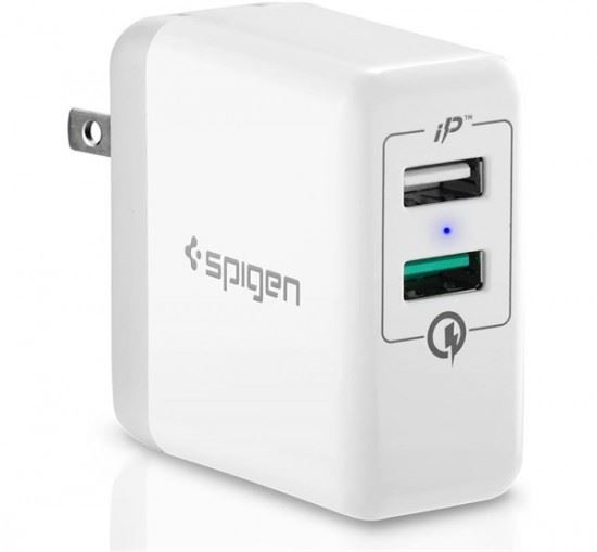 Spigen Essential F207 Quick Charge 3.0 hálózati töltő adapter, 2 x USB, US csatlakozó + EU adapter, fehér (000AD21390)
