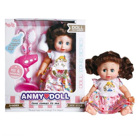 Magic Toys barna hajú pisilős baba hajszárítóval, bilivel és kiegészítőkkel (MKL270617)