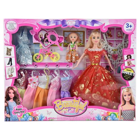 Magic Toys beautiful girl divatbaba szett kislánnyal, biciklivel és ruhákkal (MKL501422)