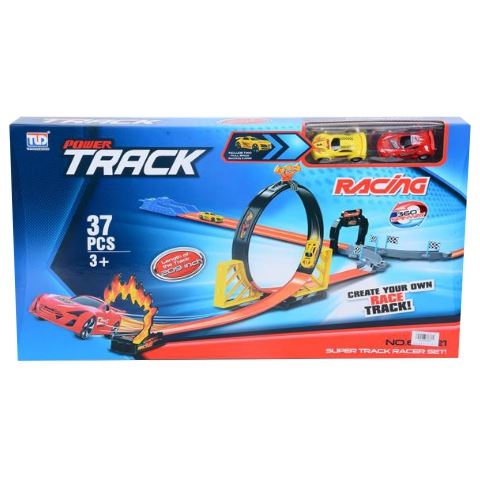 Magic Toys Power Track 37db-os versenypálya szett hurokkal és 2db hátrahúzható autóval (MKK583566)