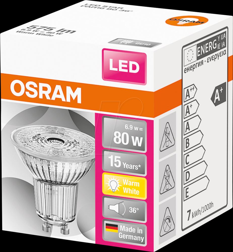 Osram Star PAR16 üveg ház/6,9W/575lm/2700K/GU10/230V/36fok/83lm/W LED spot izzó (STPAR168036°6.9W/2700KGU10)