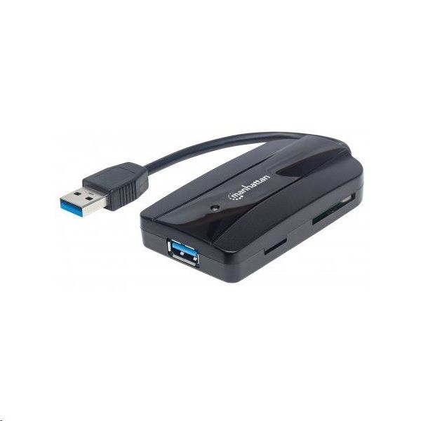 Manhattan USB HUB - USB 3.0 ->  3db USB 3.0 SD, MicroSD kártyaolvasó slot fekete (163590)