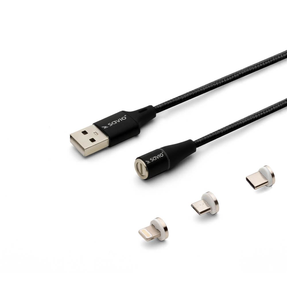 Savio 3az1-ben type-C,Micro USB,Lightning mágneses kábel 1m fekete (CL-152)