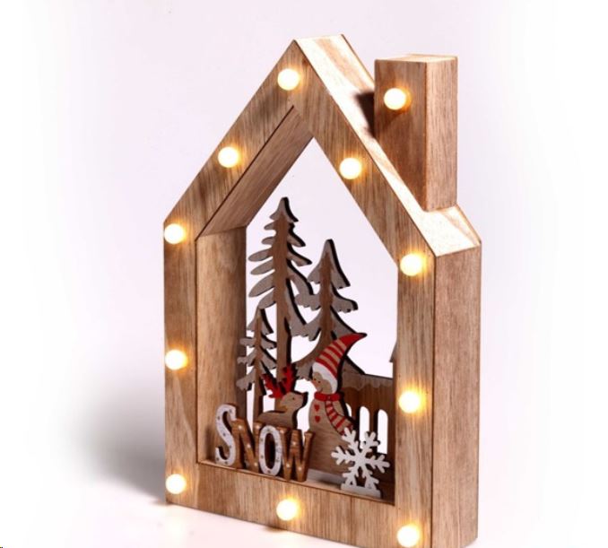IRIS Karácsonyi ház alakú Télapó-rénszarvas mintás/20x30x5,5cm/meleg fehér LED-es fa fénydekoráció  (309-01)
