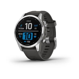 Garmin Fenix 7S okosóra ezüst, grafit színű szilikon szíjjal (010-02539-01)