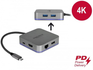Delock USB-C dokkoló állomás mobil eszközökhöz 4K - HDMI / Hub / LAN / PD 3.0 LED kijelzővel (87742)