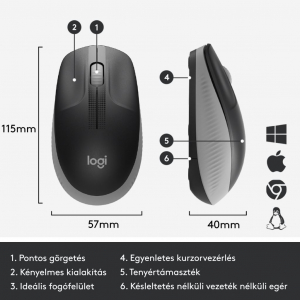 Logitech M190 teljes méretű vezeték nélküli optikai egér sötétszürke-fekete (910-005905)