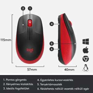 Logitech M190 teljes méretű vezeték nélküli optikai egér piros-fekete (910-005908)