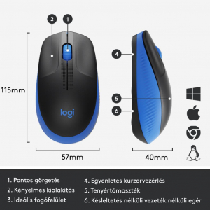 Logitech M190 teljes méretű vezeték nélküli optikai egér kék-fekete (910-005907)