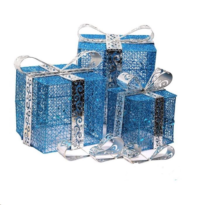 IRIS Doboz alakú /1db 20cm, 1db 25cm, 1db 30cm/ kék-ezüst fémdoboz műanyag masnival dekor szett  (011-03)