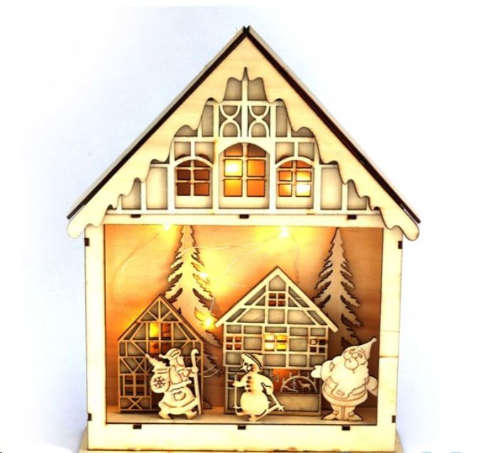 IRIS Karácsonyi ház alakú 23,5x29cm/meleg fehér LED-es fa fénydekoráció  (308-03)