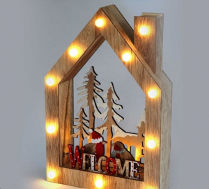 IRIS Karácsonyi ház alakú madarak mintás/20x30x5,5cm/meleg fehér LED-es fa fénydekoráció  (309-02)