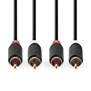 Nedis RCA Dugasz x2, RCA Dugasz x2, aranyozott, antracit, sztere&oacute; audiok&aacute;bel,1m (CABW24200AT10)