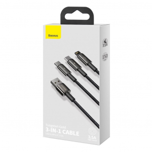 Baseus Tungsten Gold 3az1-ben USB-A --> USB-mikro/USB-C/Lightning 3,5 A 1.5m fekete (CAMLTWJ-01)