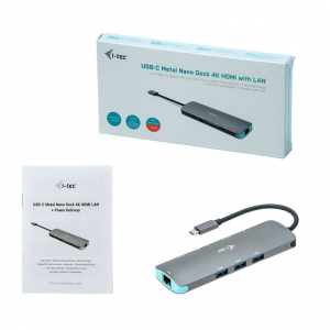 i-tec USB-C Metal Nano Dock 4K HDMI + Power Delivery 100 W dokkoló állomás szürke (C31NANODOCKLANPD)