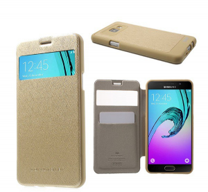 MERCURY Wow Bumper tok &aacute;ll&oacute;, bőr hat&aacute;s&uacute; (FLIP, oldalra ny&iacute;l&oacute;, S-View cover, textil minta) ARANY [Samsung Galaxy A5 (2016) SM-A510F]