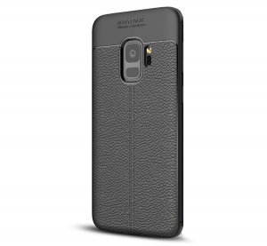 Szilikon telefonvédő (közepesen ütésálló, bőr hatású, varrás minta) FEKETE [Samsung Galaxy S9 (SM-G960)]
