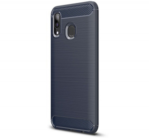 Szilikon telefonvédő (közepesen ütésálló, légpárnás sarok, szálcsiszolt, karbon minta) SÖTÉTKÉK [Samsung Galaxy A30 (SM-A305F)]