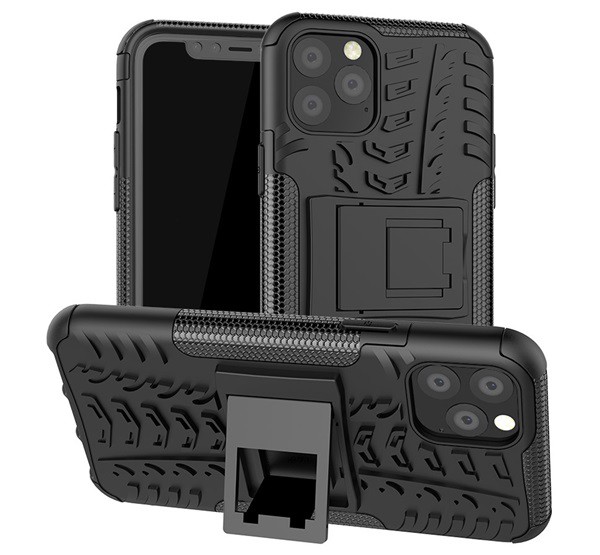 Defender műanyag telefonvédő (közepesen ütésálló, szilikon belső, kitámasztó, autógumi minta) FEKETE [Apple iPhone 11 Pro]