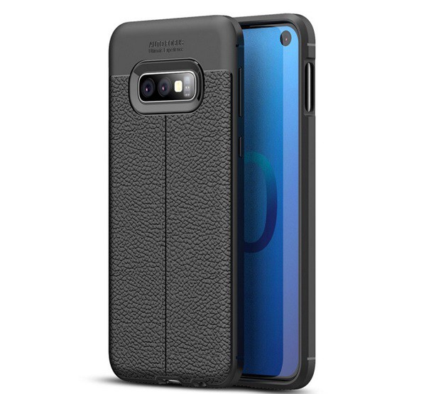 Szilikon telefonvédő (közepesen ütésálló, bőr hatású, varrás minta) FEKETE [Samsung Galaxy S10e (SM-G970)]