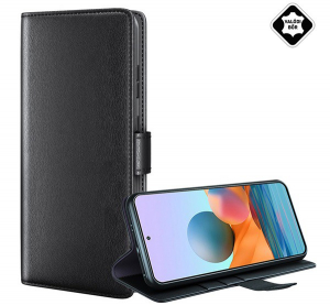 Tok álló, valódi bőr (FLIP, oldalra nyíló, asztali tartó funkció) FEKETE [Xiaomi Redmi Note 10 Pro 4G]