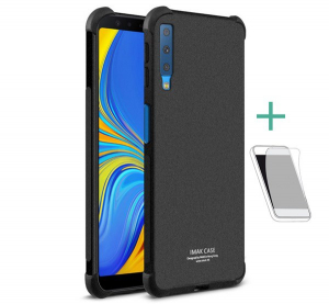 IMAK szilikon telefonvédő (közepesen ütésálló, légpárnás sarok, matt + képernyővédő fólia) FEKETE [Samsung Galaxy A7 (2018) SM-A750F]