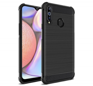 IMAK VEGA szilikon telefonv&eacute;dő (k&ouml;zepesen &uuml;t&eacute;s&aacute;ll&oacute;, l&eacute;gp&aacute;rn&aacute;s sarok, sz&aacute;lcsiszolt, karbon minta) FEKETE [Samsung Galaxy A20s (SM-A207F)]