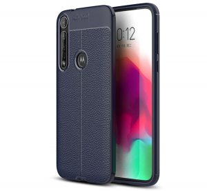 Szilikon telefonvédő (közepesen ütésálló, bőr hatású, varrás minta) SÖTÉTKÉK [Motorola Moto G8 Plus (XT2019)]