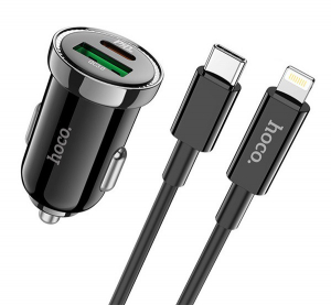HOCO Z44 aut&oacute;s t&ouml;ltő USB / Type-C aljzat (5V / 3000 mA, PD gyorst&ouml;lt&eacute;s t&aacute;m. + Type-C - lightning 8pin k&aacute;bel) FEKETE (Z44_B_TYPEC)