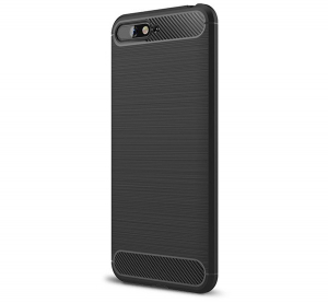 Szilikon telefonvédő (közepesen ütésálló, légpárnás sarok, szálcsiszolt, karbon minta) FEKETE [Huawei Y6 (2018)]