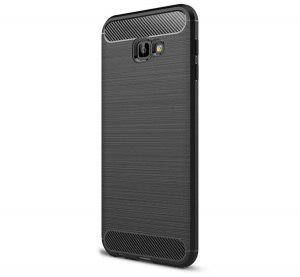 Szilikon telefonvédő (közepesen ütésálló, légpárnás sarok, szálcsiszolt, karbon minta) FEKETE [Samsung Galaxy J4 Plus (SM-J415F)]