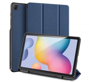 DUX DUCIS DOMO tok álló, bőr hatású (aktív FLIP, oldalra nyíló, TRIFOLD S pencil tartó, textil minta) SÖTÉTKÉK [Samsung Galaxy Tab S6 Lite 10.4 LTE (S