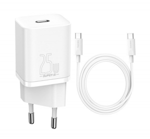 BASEUS h&aacute;l&oacute;zati t&ouml;ltő Type-C aljzat (10V / 3000mA, 25W, PD gyorst&ouml;lt&eacute;s t&aacute;mogat&aacute;s + Type-C k&aacute;bel) FEH&Eacute;R (CCCJG25CE_W)