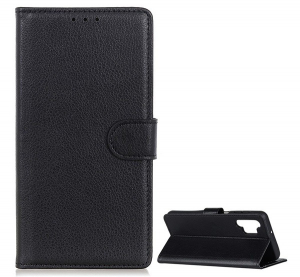 Tok álló, bőr hatású (FLIP, oldalra nyíló, asztali tartó funkció, prémium) FEKETE [Samsung Galaxy A32 4G (SM-A325)]
