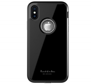 WK GINSTONE műanyag telefonv&eacute;dő (k&ouml;zepesen &uuml;t&eacute;s&aacute;ll&oacute;, &uuml;veg h&aacute;tlap, strasszkő, log&oacute; kiv&aacute;g&aacute;s) FEKETE [Apple iPhone XS 5.8]