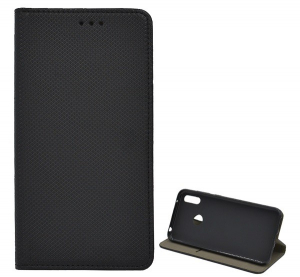 Tok &aacute;ll&oacute;, bőr hat&aacute;s&uacute; (FLIP, oldalra ny&iacute;l&oacute;, asztali tart&oacute; funkci&oacute;, rombusz minta) FEKETE [Huawei Y7 2019 (Y7 Prime 2019)]