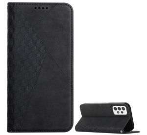 Tok álló, bőr hatású (FLIP, oldalra nyíló, asztali tartó funkció, 3D rombusz minta, prémium) FEKETE [Samsung Galaxy A52s 5G (SM-A528)]