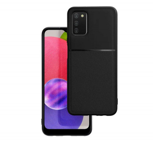 Műanyag telefonvédő (szilikon keret, közepesen ütésálló, beépített fémlemez, bőr hatású hátlap, csíkos minta) FEKETE [Samsung Galaxy A03s (SM-A037F)]