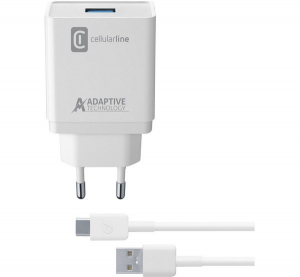 CELLULARLINE hálózati töltő USB aljzat (5V / 3000 mA, 15W, PD gyorstöltés támogatás + Type-C kábel) FEHÉR (ACHKIT15WTYCTABW)