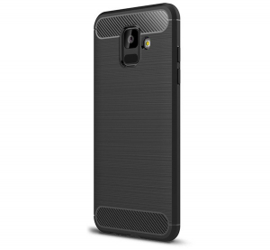 Szilikon telefonvédő (közepesen ütésálló, légpárnás sarok, szálcsiszolt, karbon minta) FEKETE [Samsung Galaxy A6 (2018) SM-A600F]