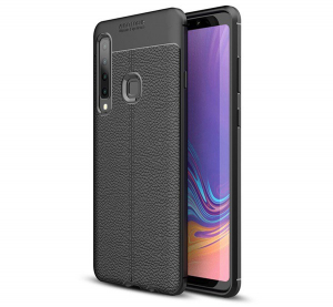 Szilikon telefonvédő (közepesen ütésálló, bőr hatású, varrás minta) FEKETE [Samsung Galaxy A9 (2018) SM-A920]