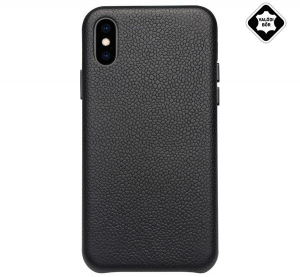 QIALINO műanyag telefonvédő (valódi bőr bevonat, érdes felületű) FEKETE [Apple iPhone XS Max 6.5]