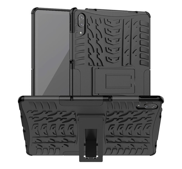 Defender műanyag telefonvédő (közepesen ütésálló, szilikon belső, kitámasztó, autógumi minta) FEKETE [Lenovo Tab P11 Pro (TB-J706F)]