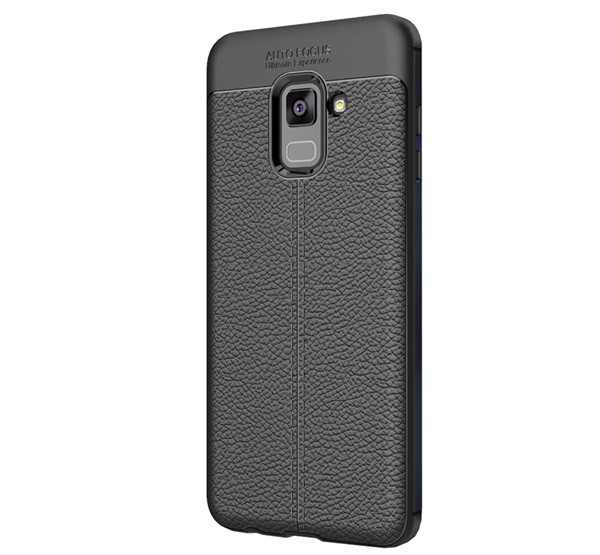 Szilikon telefonvédő (közepesen ütésálló, bőr hatású, varrás minta) FEKETE [Samsung Galaxy A8 (2018) SM-A530F]